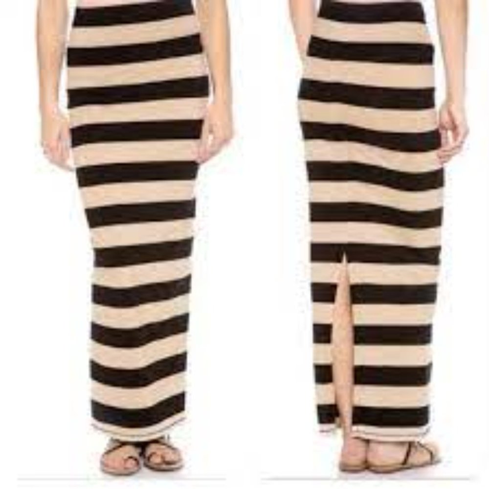 FREE PEOPLE Tan & Black Stripe Print Maxi Back Slit Skirt Large